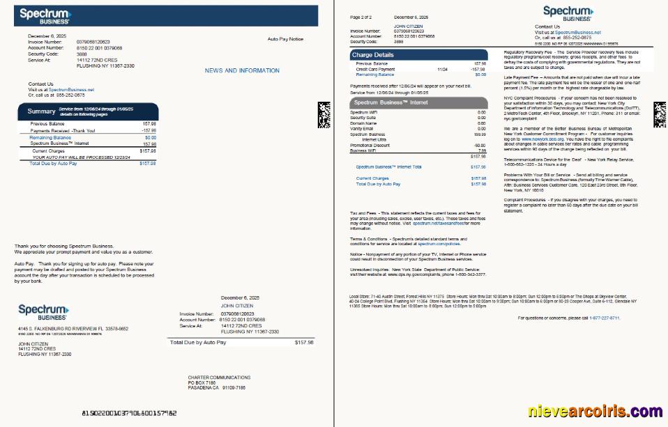 USA Spectrum Business utility bill, 2 pages, version 2